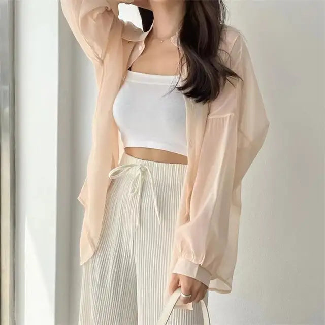 Blusa holgada de verano para mujer, estilo coreano básico, transparente, fina y elegante, lisa, a prueba de sol, a la moda, combina con todo.