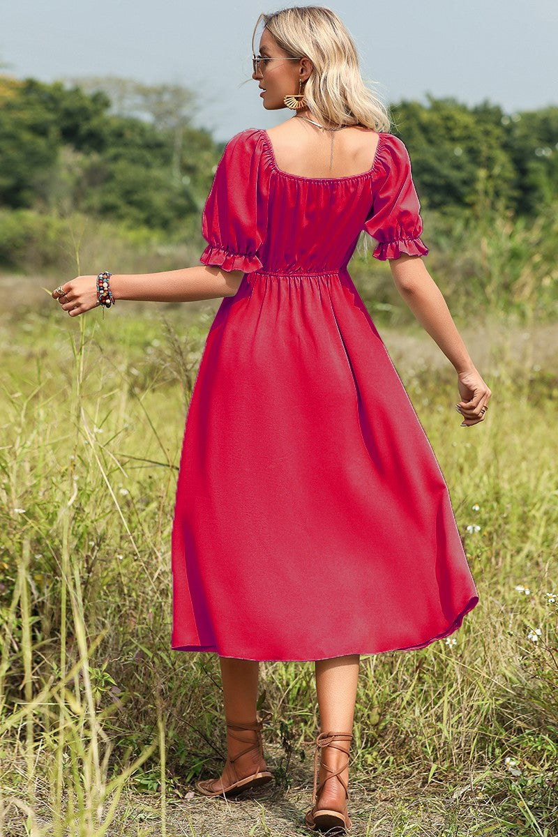 Vestido midi rojo con lazo y mangas abullonadas