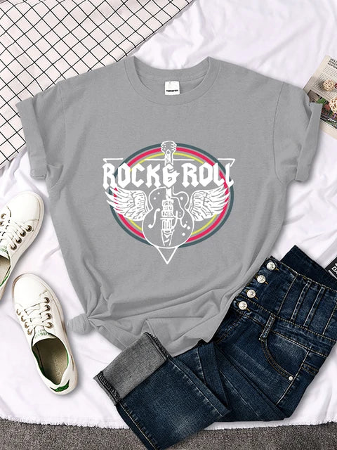 Camiseta con estampado de guitarra eléctrica de rock and roll para mujer, informal, cómoda, transpirable, de manga corta y cuello redondo, ropa urbana
