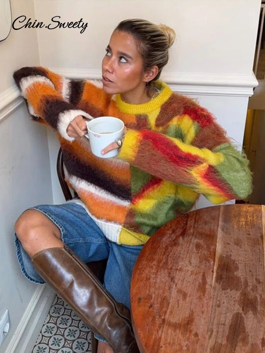 Suéter informal de punto de mohair para mujer, suéter holgado de manga larga con cuello redondo colorido, nueva moda de otoño para mujer, prendas de punto a juego