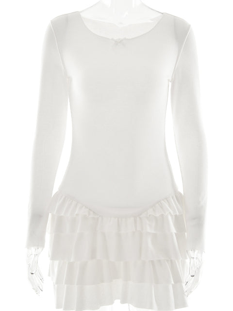 Vestido corto ajustado de manga larga con elástico y cuello redondo para mujer, ropa de calle para otoño e invierno
