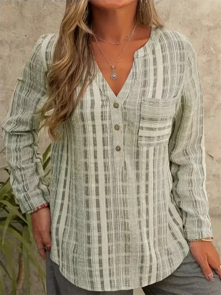 Blusas de estilo primavera-otoño para mujer, informales, de manga larga, con cuello en V y estampado a rayas, DF5008