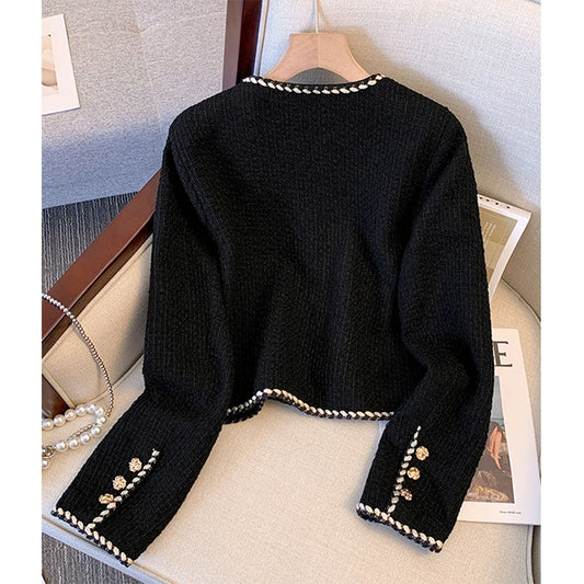 Chaqueta corta de tweed negra para mujer, traje vintage, abrigo acolchado, blazer corto de invierno, prendas de abrigo gruesas y elegantes de estilo coreano para mujer
