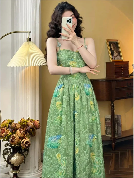 Vestido de verano de una pieza con estampado floral y tirantes finos, estilo coreano, de cintura alta y mangas cortas, para mujer