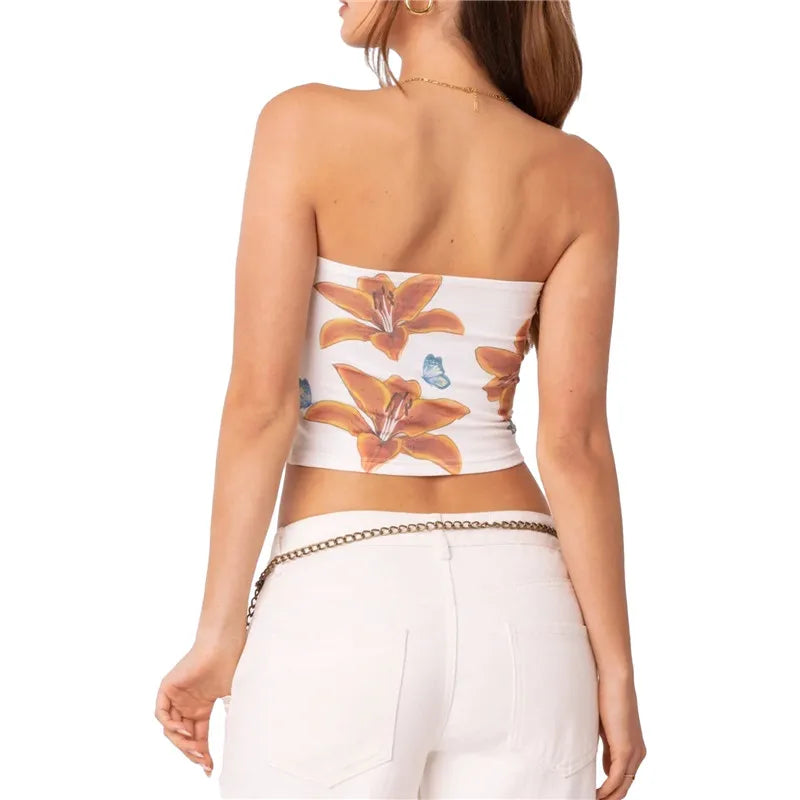 Top sin tirantes Y2K, ropa de coqueta para mujer, estampado floral, hombros descubiertos, sin mangas, chaleco bandeau, ropa de calle de los años 2000