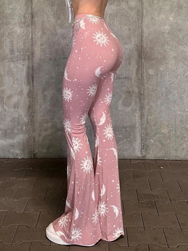 Pantalones rosas de moda de verano para mujer, pantalones casuales ajustados con estampado largo, acampanados, ropa de calle para mujer, pantalones abstractos de patchwork de tiro bajo Y2k