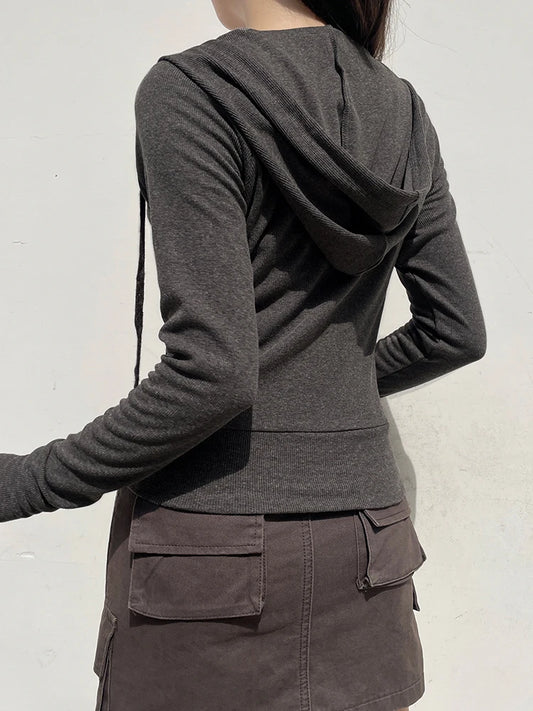 Suéter de punto sólido para mujer, cárdigan de manga larga acanalado, básico, informal, con cremallera y capucha, para otoño e invierno.
