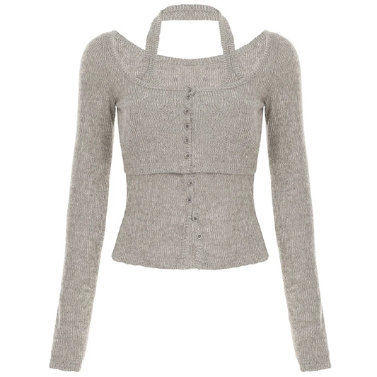 Conjunto de 2 piezas de moda para mujer, camiseta con cuello halter, mangas largas, estilo coreano, blusas sencillas para oficina, combinables con todo.
