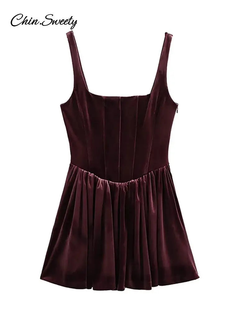 Vestido mini de terciopelo con tirantes para mujer, cuello cuadrado, sin mangas, espalda descubierta, corte en A, con cremallera, elegante, para fiesta