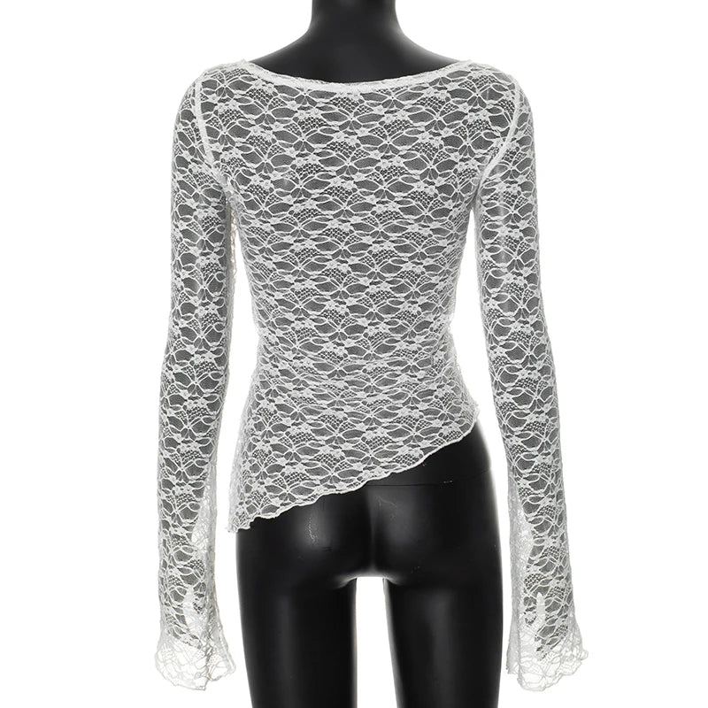 Camiseta de encaje transparente sexy para mujer, camisetas asimétricas de manga larga transparentes, tops cortos de malla floral para mujer, moda