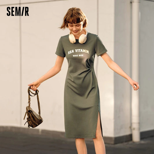 Dress Women Vintage Casual Midi Dress Summer New Letter Print Split T-Shirt Dress
