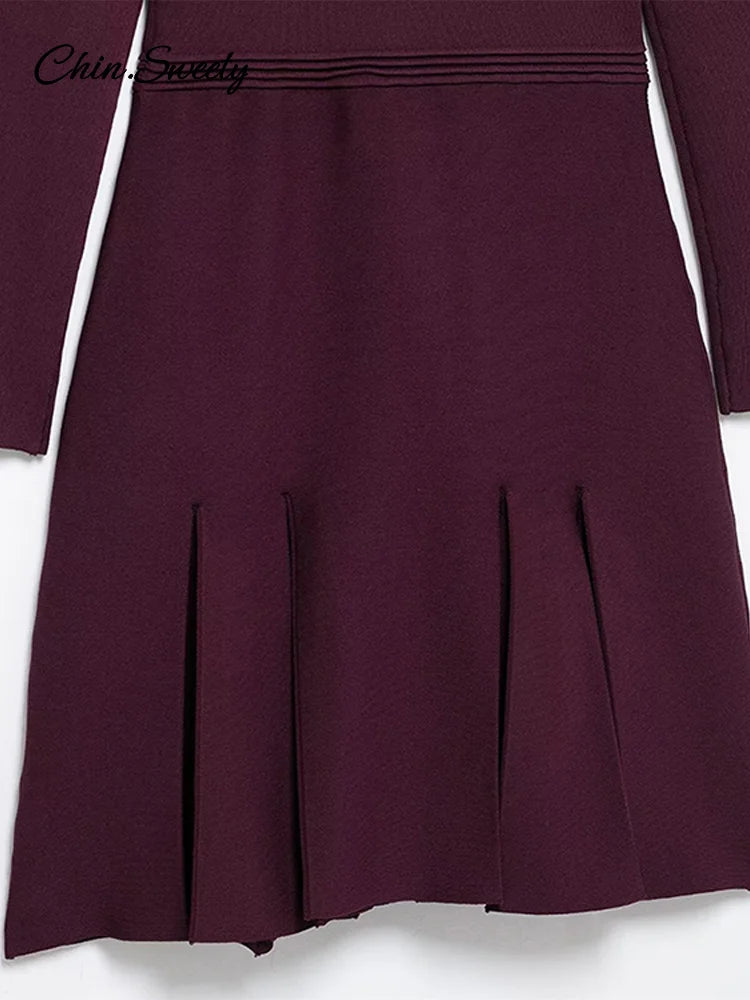 Knit Burgundy Red A-line Mini Dress Women O-neck Long Sleeves Pleat Party Dresses Female 2025 Spring New Pockets Button Vestidos