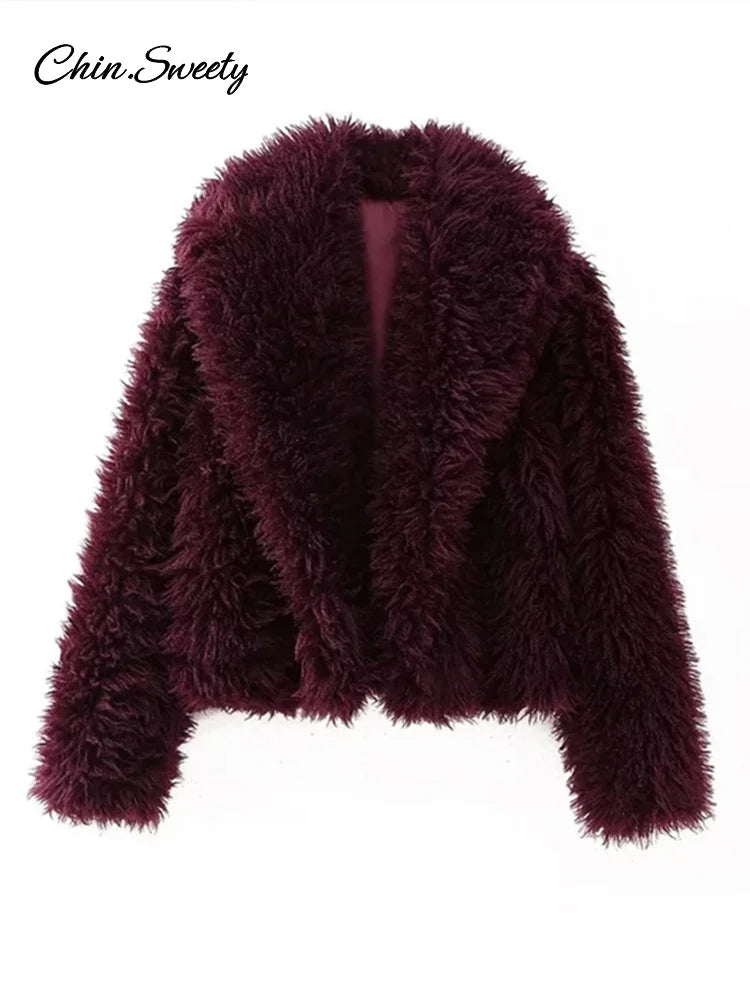 Fashion Women Faux Fur Coat Fluffy Lapel Loose Long Sleeve Burgundy Red Cropped Jacket Female Winter High Street Outwear
