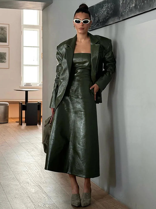 Conjunto de vestido tubo de cuero sintético para mujer, abrigo y traje, estilo vintage, liso, ajustado, largo, con solapa y chaqueta, elegantes conjuntos de calle.