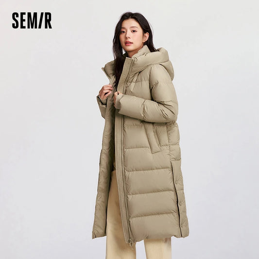 Chaqueta de plumón para mujer, larga, con capucha, abertura, holgada, nueva, impermeable, de invierno, de plumón de ganso.
