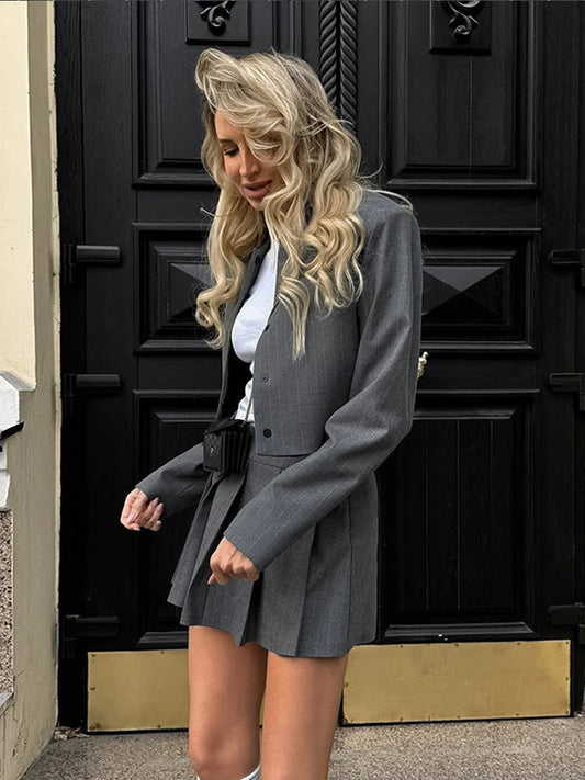 Striped Short Jackets Skirts Set Women Casual Long Sleeve Suit Coat Mini Skirt Sets Female Elegant Chic Gray Outfits Streetwear