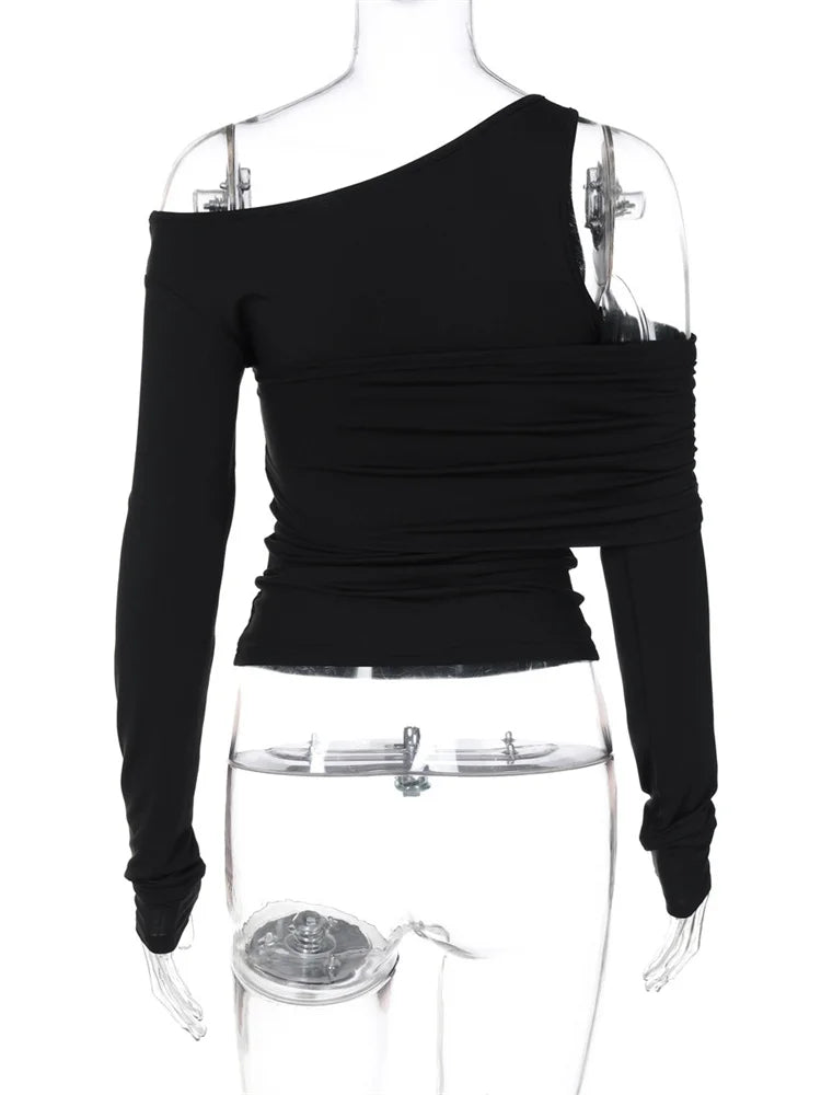 Black Off-Shoulder Long Sleeve T-shirt For Women High Waist Autumn Slim Fashion Pullover Top Ladies Solid Y2k Tee Top