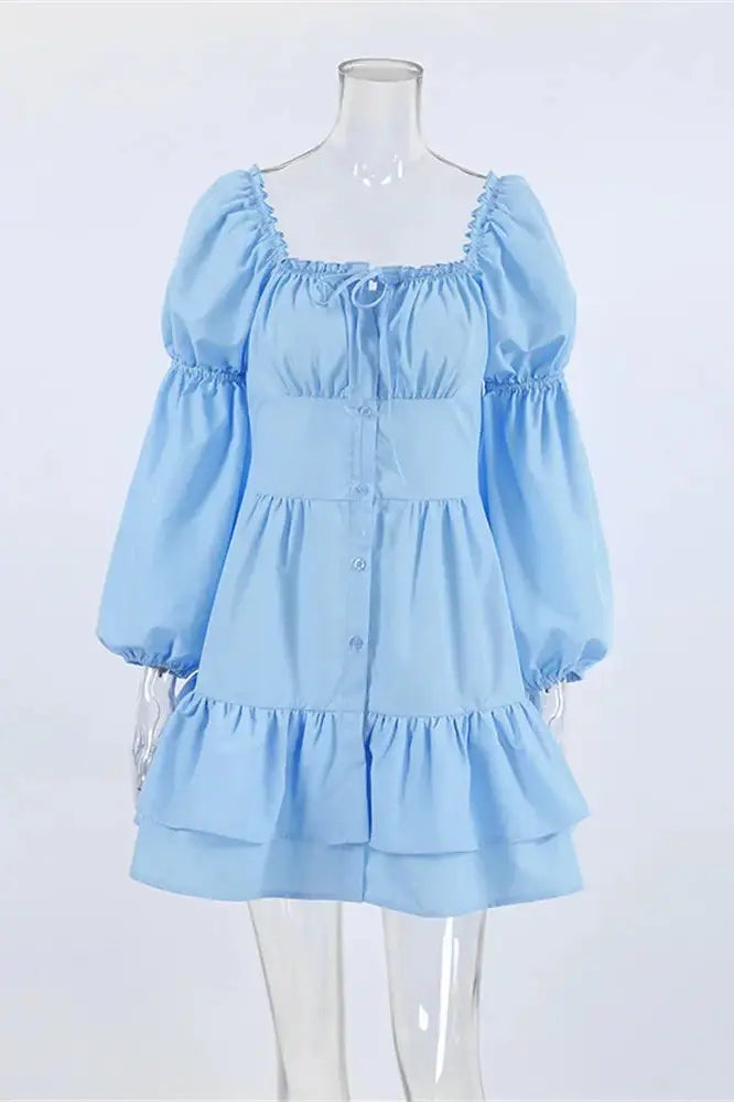 Patchwork Ruffled Mini Dress with Lace-Up Detail