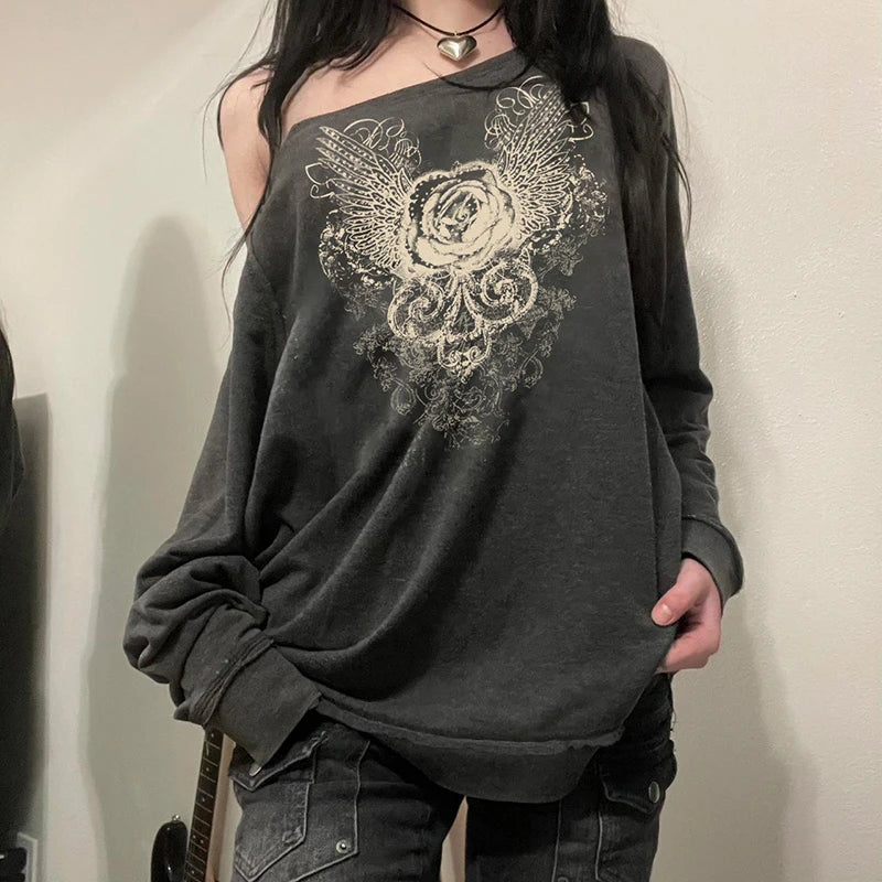 Suéteres con cuello inclinado y estampado gráfico para mujer, conjuntos urbanos Y2K, sudadera de moda Harajuku, top retro de estilo grunge
