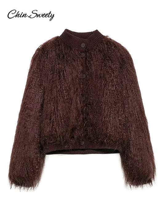 Abrigos de piel burdeos de moda para mujer, chaquetas holgadas, cálidas, gruesas, con cuello redondo y manga larga, para otoño e invierno, prendas de vestir para fiestas 2025