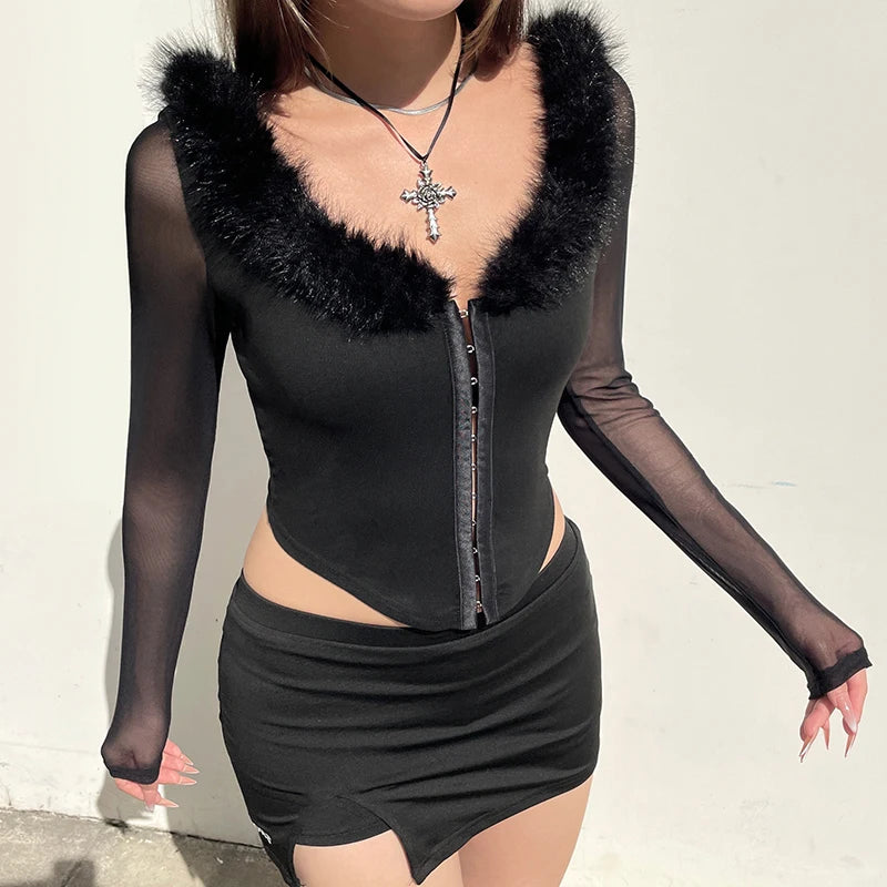 Top corto de cuello redondo peludo con retazos para mujer, camiseta de malla Y2K de manga larga con hebilla de gancho ajustada, conjuntos de moda sexy para dama