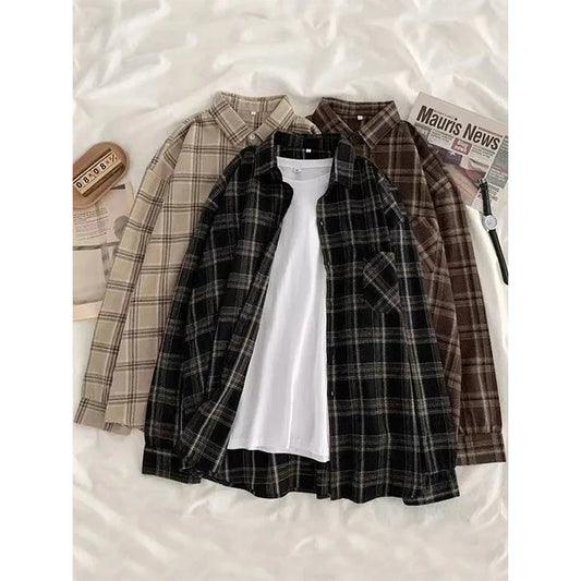 Camisas a cuadros vintage de gran tamaño para mujer, ropa de calle, blusas de manga larga, blusas Harajuku coreanas con bolsillos, blusas casuales holgadas que combinan con todo, nuevas