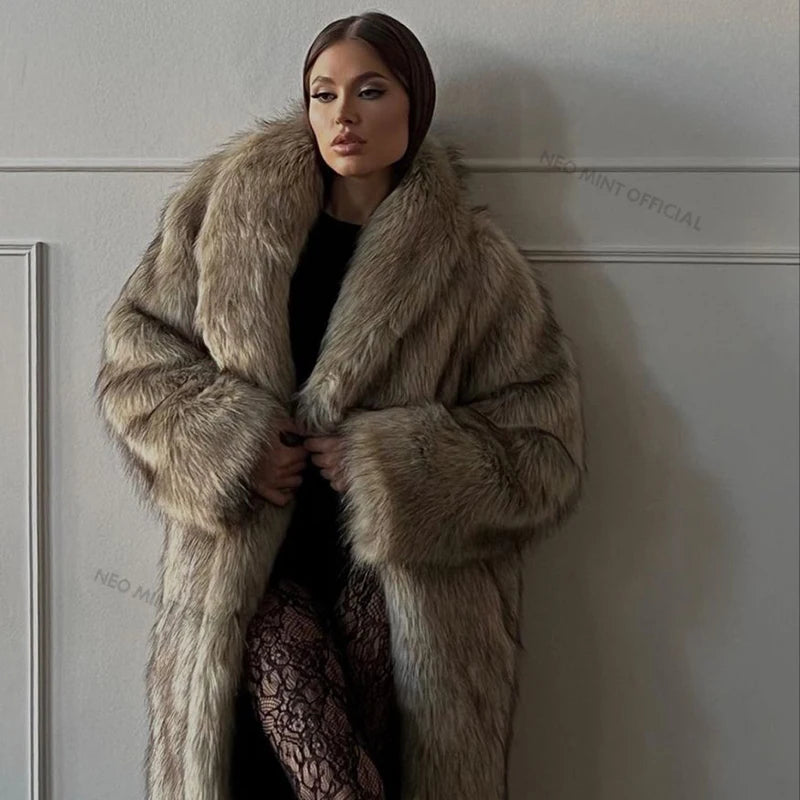 Luxury Mob Wife Aesthetic Long Faux Fur Coat Women Winter Fluffy Gradient Fox Fur Jacket Female Furry Overcoat