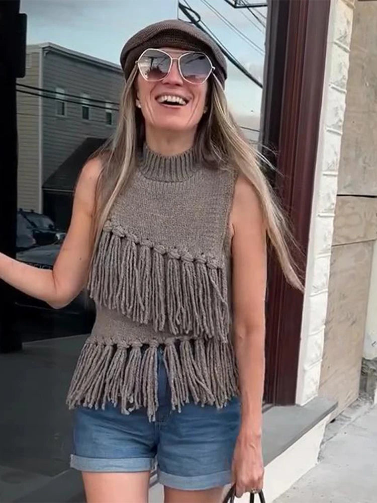 Elegant Knitted Sleeveless Tassel Sweater Women Vintage Solid Turtleneck Pullover Sweaters Female Spring Chic Design Street Tops
