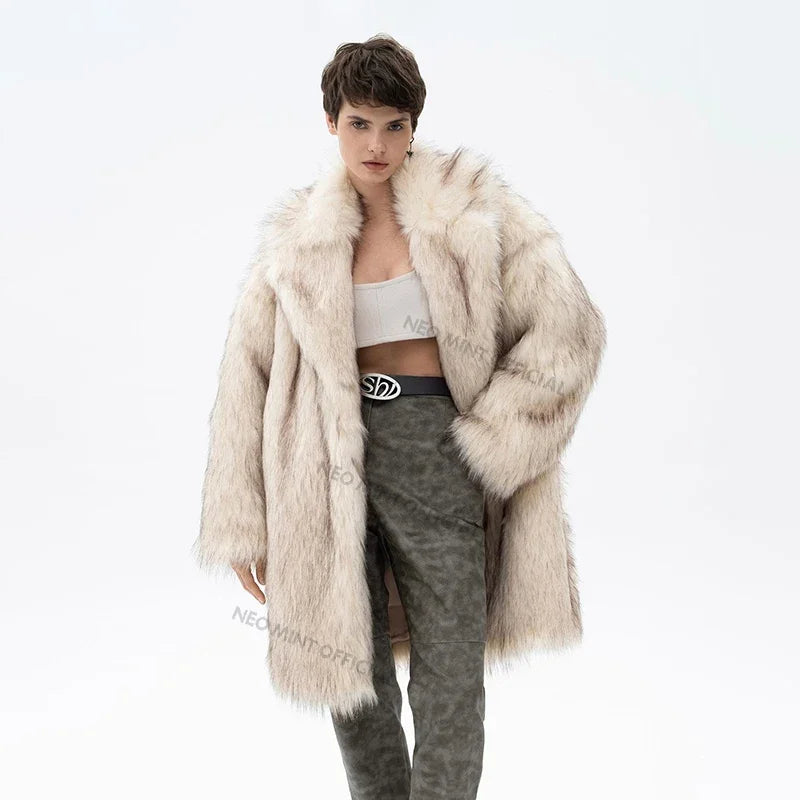 Luxury Brand Fluffy Faux Fur Jacket Women Winter Long Thicken Warm Gradient Fox Fur Coat Streetwear Furry Overcoat