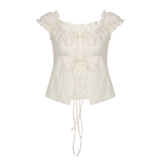 Jacquard Hollow Out Lace-up Cute Top Y2K Girls Short Sleeve Fitted Tee Shirt Ruffles Detail Square Collar Tops Women