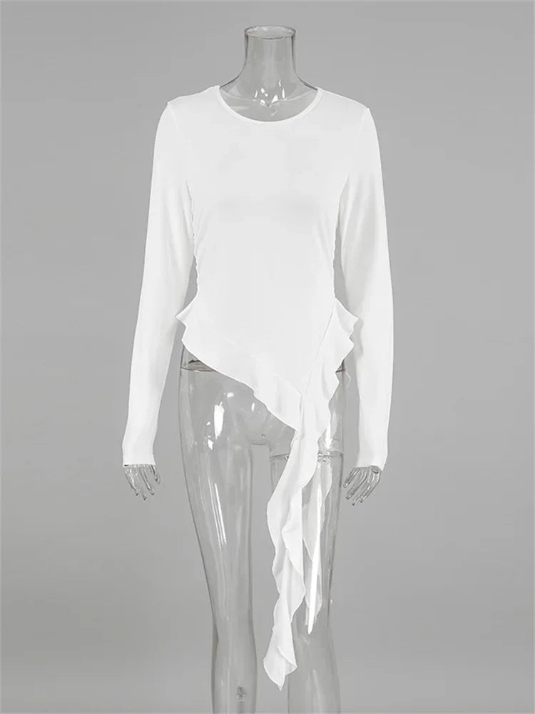 Camiseta de punto blanca ajustada para mujer, jersey con volantes y patchwork transparente, manga larga, top interior sexy Y2k, camiseta de punto para mujer