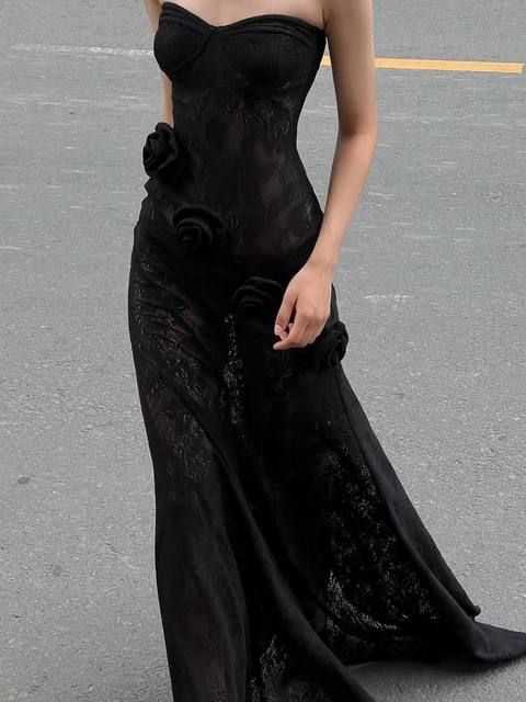 Elegant Lace Patchwork Bodycon Party Evening Dress Women Sexy Strapless 3D Flower Slim Backless Dress Autumn/winter 2025