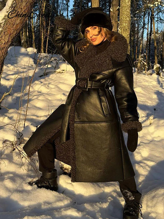 Fashion Lamb Wool PU Leather Long Jacket Women With Belt Patchwork Lapel Pocket Oversize Overcoat Winter Warm Thick Outwear