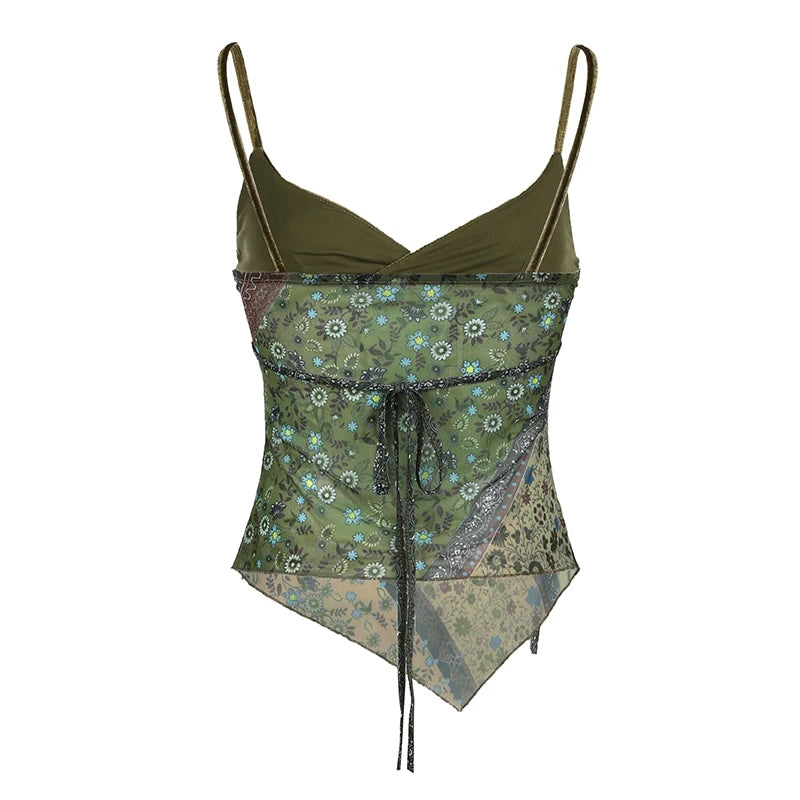 Mori Girl Style Patchwork Camis Top Y2K Aesthetic Vintage Green Sexy V Neck Tank Top Summer Asymmetry Lace-up Vest