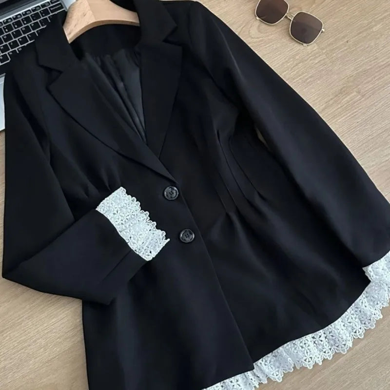 Elegant Black Suit Dress Women Lace Patchwork Blazer Dress Turn-down Collar Slim Korean Fashion Y2K Autumn New Mini Vestidos