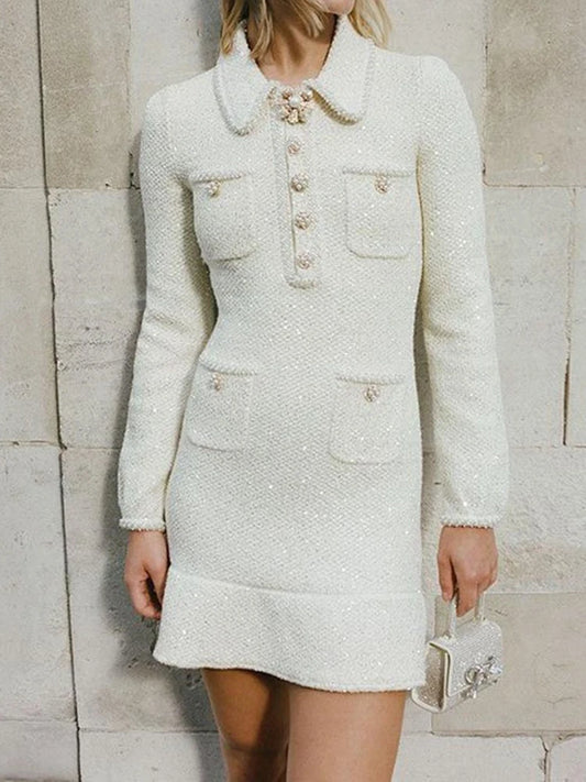 Elegante vestido corto estilo europeo de tweed con solapa y botones de cuentas, manga larga, moda para mujer, primavera-verano 2025 (9896)