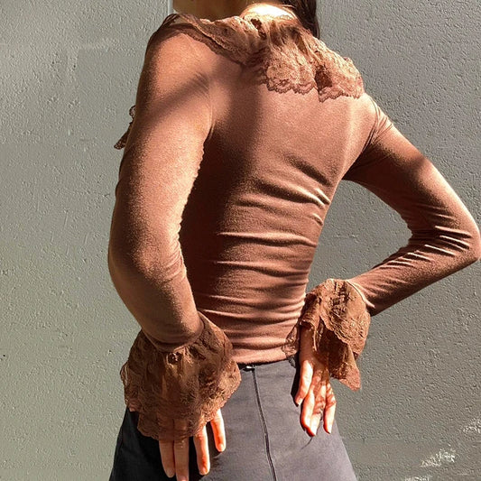 Vintage Lace Ruffles Neck Brown T-shirt Y2K Long Sleeve Fitted Top Chic Elegant Stylish 2000s Tee Fall Streetwear
