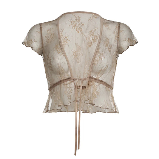 Transparent Lace Cardigan Top Brown Vintage Short Sleeve Crop Tee Shirt Y2K Casual Lace-up V Neck Cute Top Streetwear