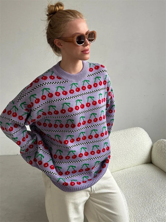 Suéter de punto estampado para mujer, jersey holgado de patchwork con contraste, manga larga, estilo vintage, moda, jersey de punto para mujer