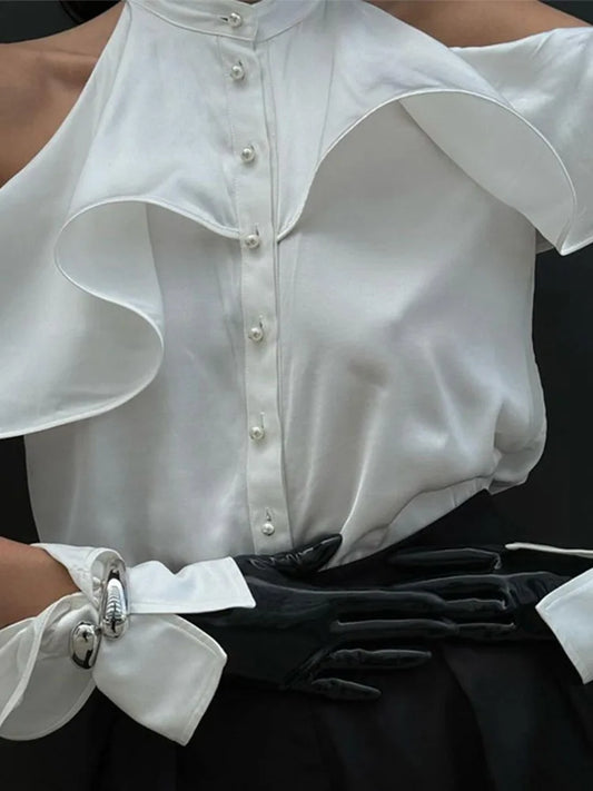Camisas elegantes blancas con volantes y cuello halter para mujer, blusas vintage holgadas con aberturas y una sola botonadura, blusas elegantes de otoño para la calle.