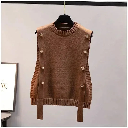 Chaleco de mujer, ropa exterior de primavera y otoño, suéter de moda informal, nuevo, top de punto sin mangas con cuello redondo para mujer