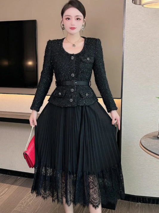 Vintage Beading Buttons O-neck Black Dress With Belt Summer Women Evening Dresses Ladies Wedding Party Clothes Tide