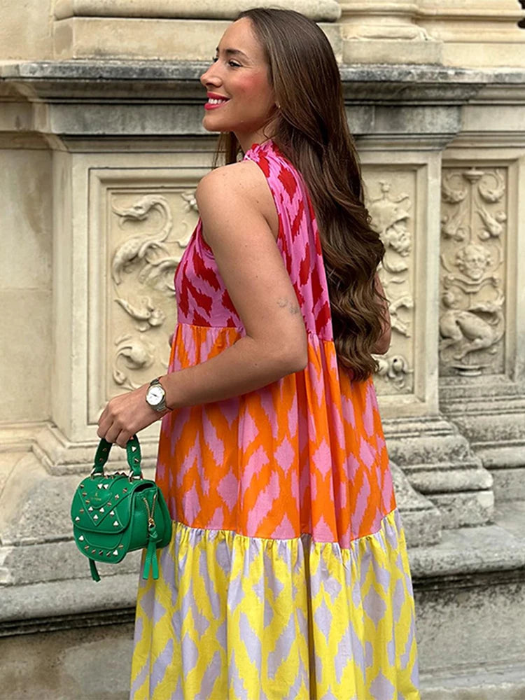 Vestido elegante con estampado de patchwork para mujer, elegante vestido Maixi informal sin mangas con cuello redondo, nueva bata de vacaciones de verano para mujer