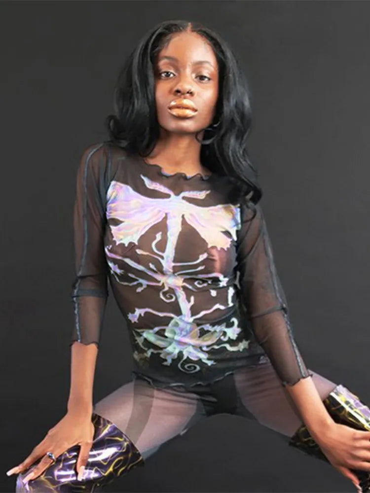 Camisetas con estampado abstracto para mujer, ropa Y2k, accesorios de malla transparente, top corto ajustado con manga corta