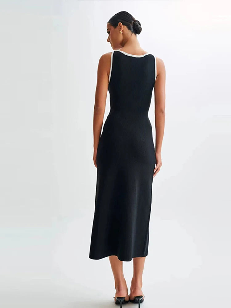Elegant Single Breasted Knitted Maxi Dress Women Fashion O Neck Sleeveless Fake Pockets Dresses New Lady High Street Robes