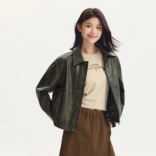 Coat Women Collar Loose Cool Style High Street Autumn New Retro Textured Cool PU Leather Jacket