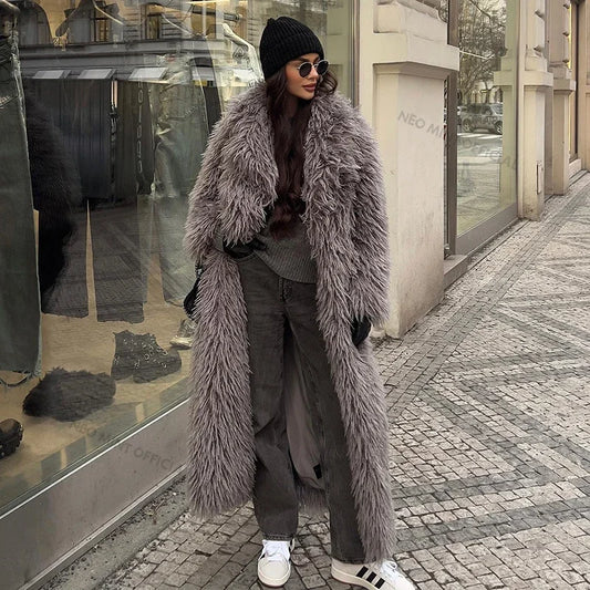 Abrigo de piel de cordero extra largo de lujo para mujer, abrigo de invierno estilo Mob Wife, chaqueta de piel sintética gruesa de gran tamaño
