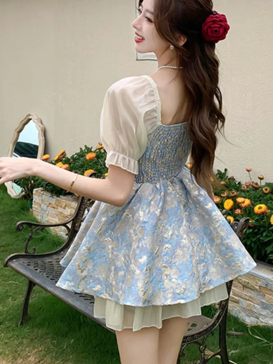 Vestido de fiesta de princesa vintage francés con corsé con cordones y estampado corto para mujer, vestido de una pieza con cuello cuadrado y lazo de patchwork