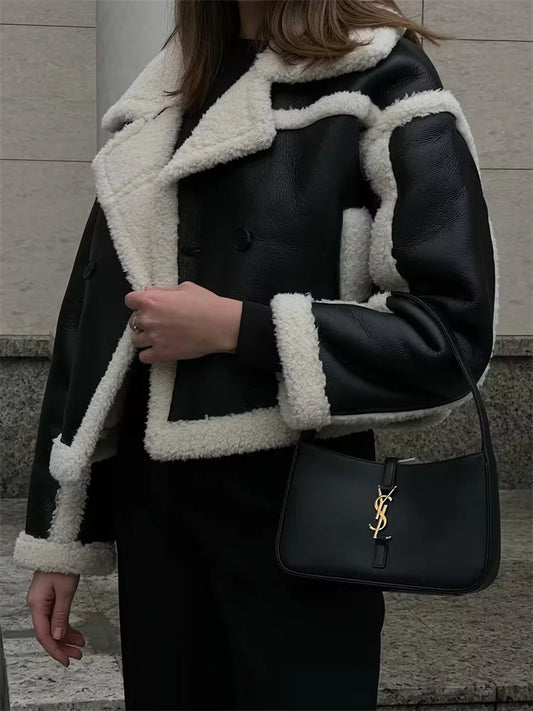 Suéter extragrande y esponjoso con solapa de PU para mujer, ropa de calle de moda con bolsillos de invierno y retazos, abrigo de lujo en contraste, nuevo