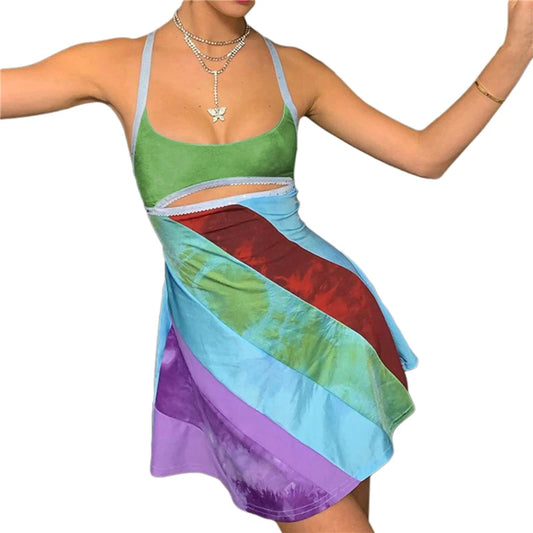 Cut Out Dress y2k Aesthetic Women Striped Patchwork Sleevless A Line Mini Dresses 2000s Fairy Grunge Dress Streetwear